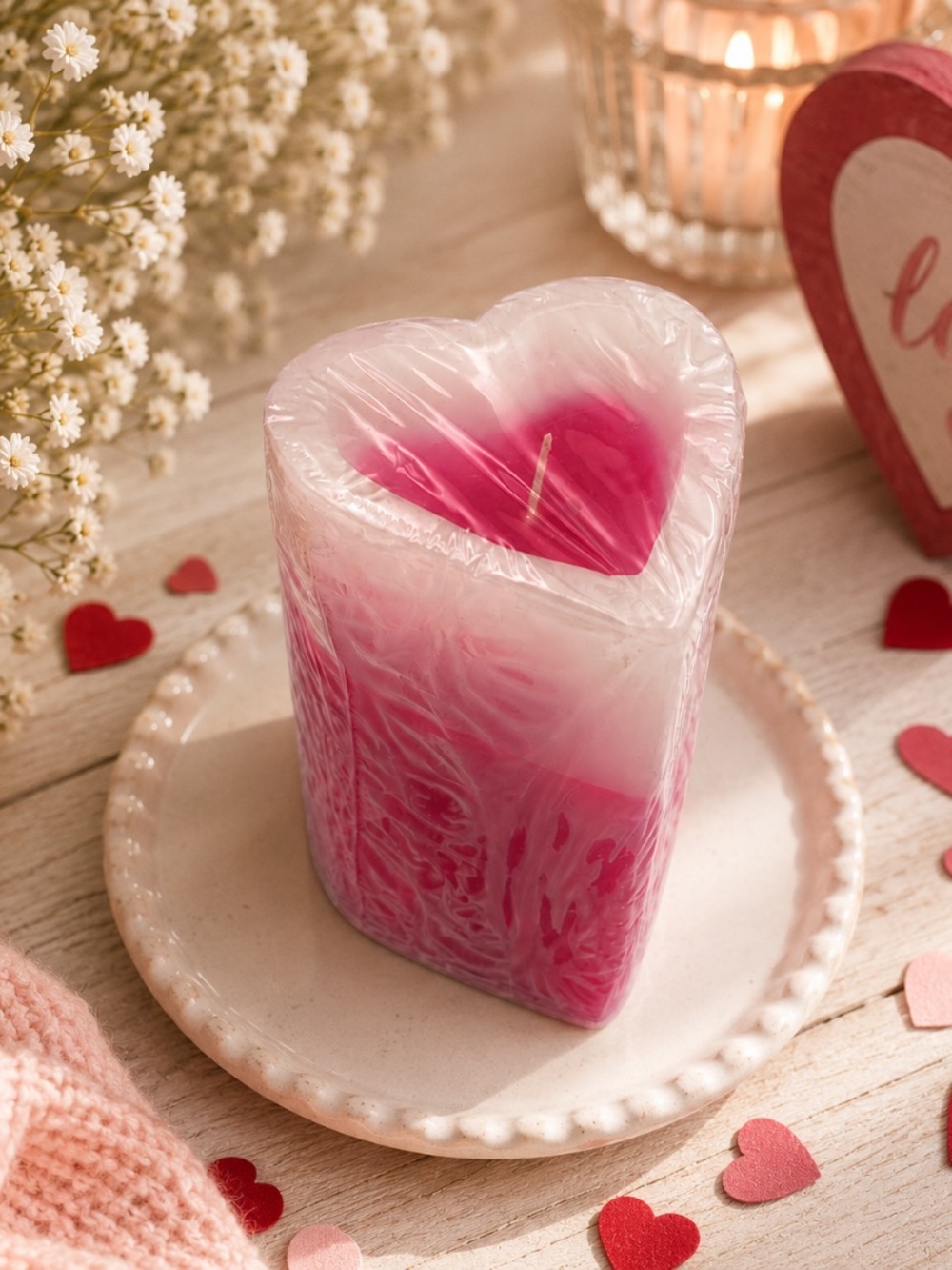 *New* Heart-Shaped Pink and White Candle